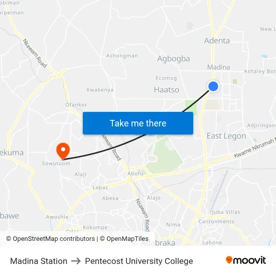Madina Station to Pentecost University College map