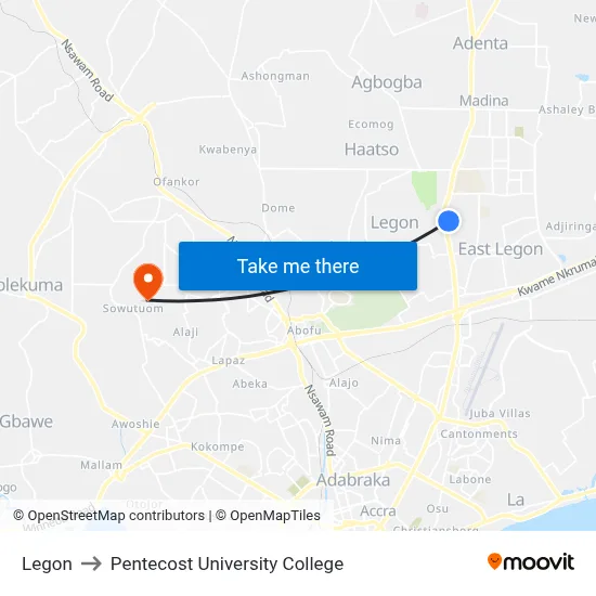 Legon to Pentecost University College map