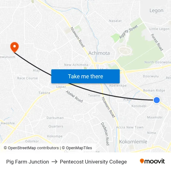 Pig Farm Junction to Pentecost University College map