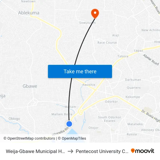 Weija-Gbawe Municipal Hospital to Pentecost University College map