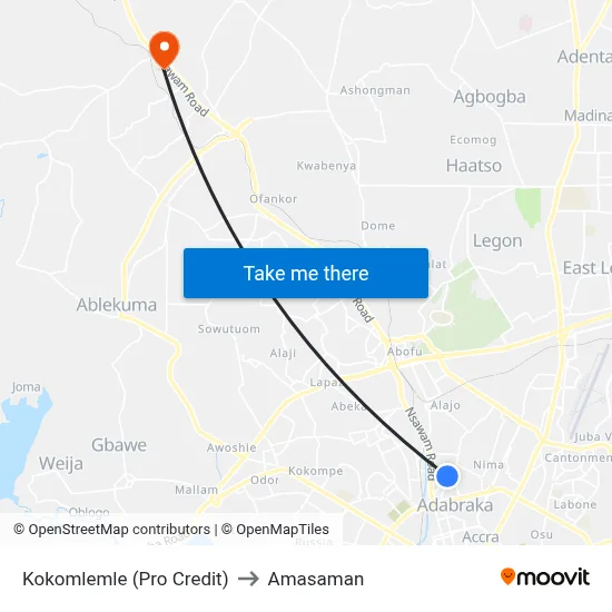 Kokomlemle (Pro Credit) to Amasaman map