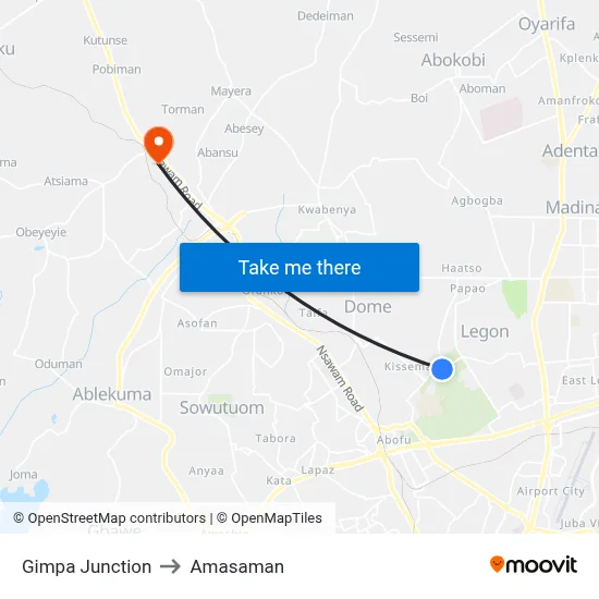 Gimpa Junction to Amasaman map