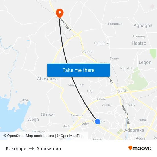 Kokompe to Amasaman map