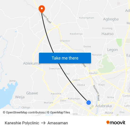Kaneshie Polyclinic to Amasaman map