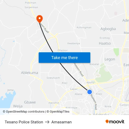 Tesano Police Station to Amasaman map
