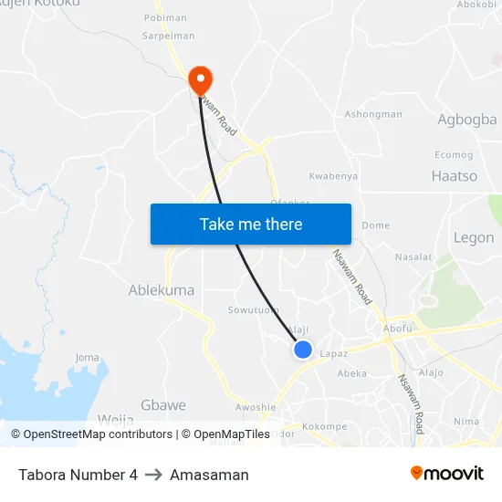 Tabora Number 4 to Amasaman map