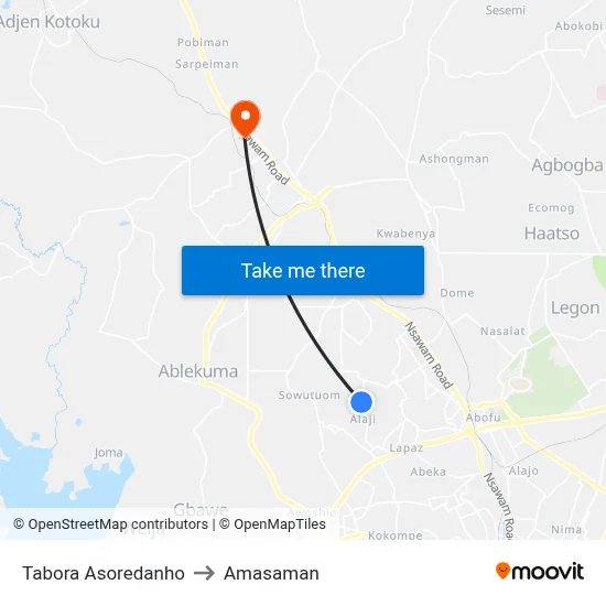 Tabora Asoredanho to Amasaman map