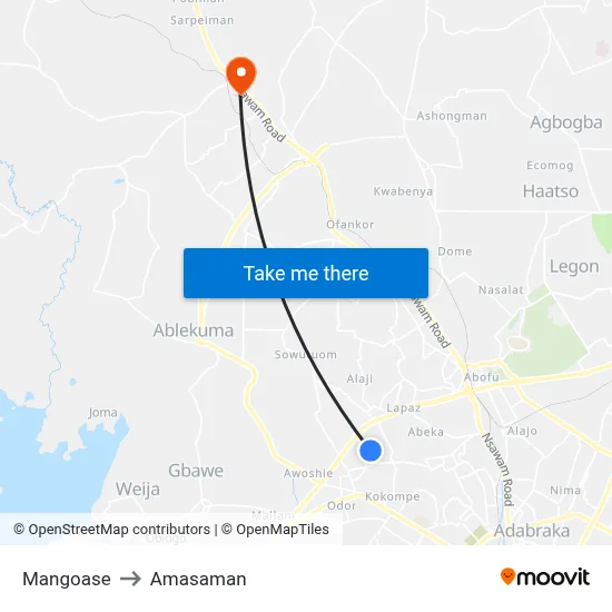 Mangoase to Amasaman map