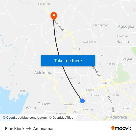 Blue Kiosk to Amasaman map