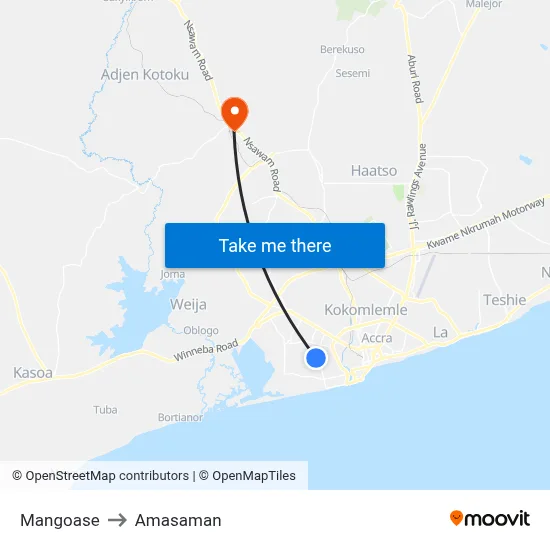 Mangoase to Amasaman map