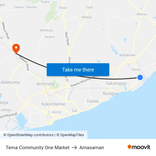 Tema Community One Market to Amasaman map