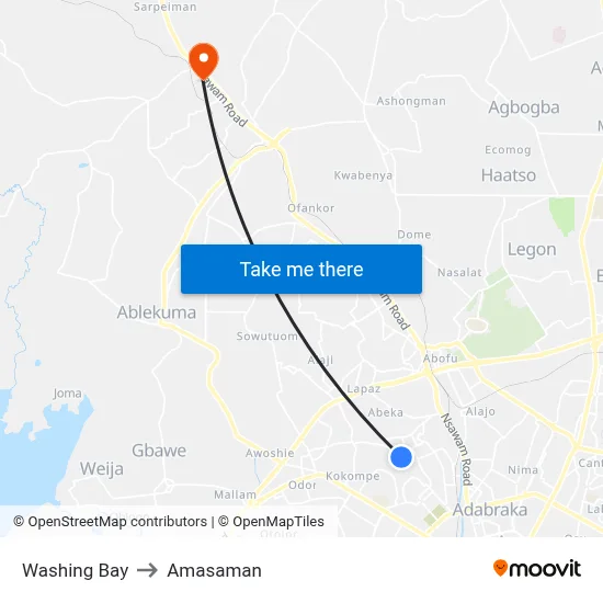 Washing Bay to Amasaman map