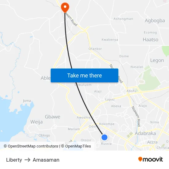 Liberty to Amasaman map