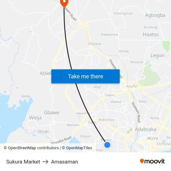 Sukura Market to Amasaman map