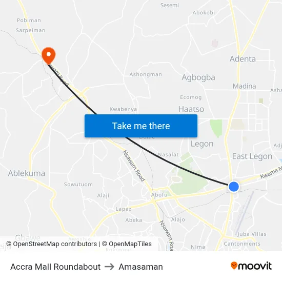 Accra Mall Roundabout to Amasaman map