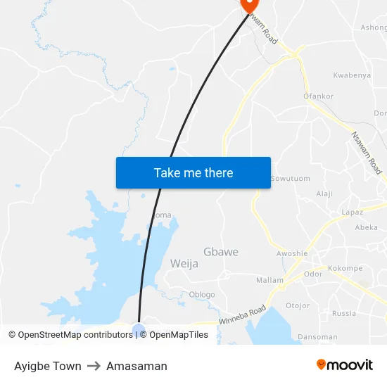 Ayigbe Town to Amasaman map
