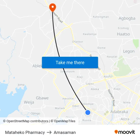 Mataheko Pharmacy to Amasaman map
