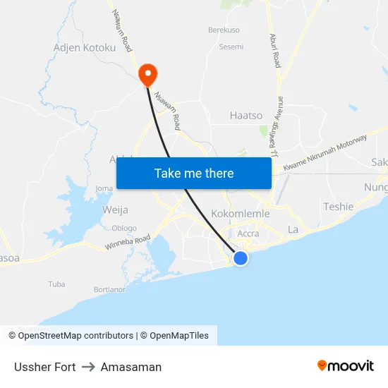 Ussher Fort to Amasaman map