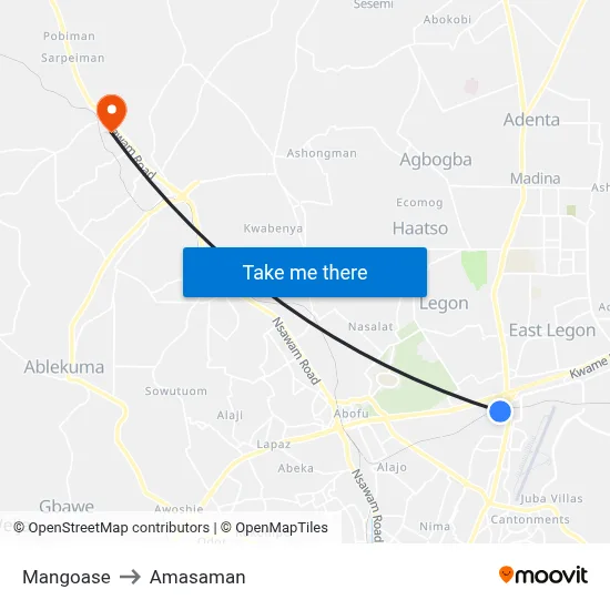 Mangoase to Amasaman map