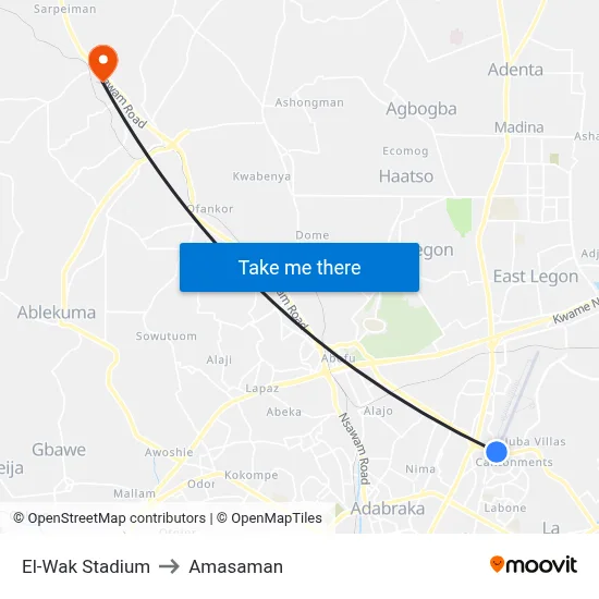 El-Wak Stadium to Amasaman map