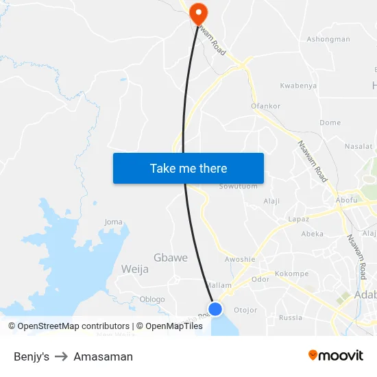 Benjy's to Amasaman map