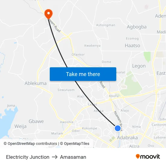 Electricity Junction to Amasaman map