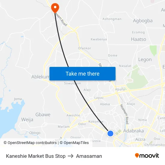 Kaneshie Market Bus Stop to Amasaman map