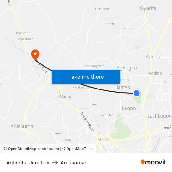 Agbogba Junction to Amasaman map