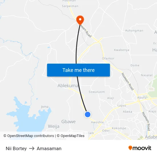 Nii Bortey to Amasaman map