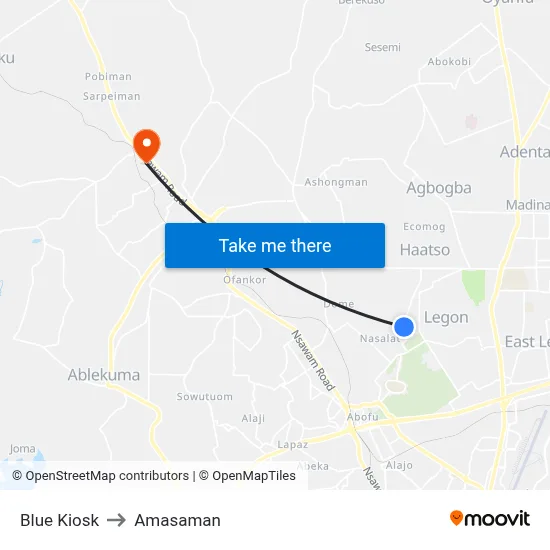 Blue Kiosk to Amasaman map