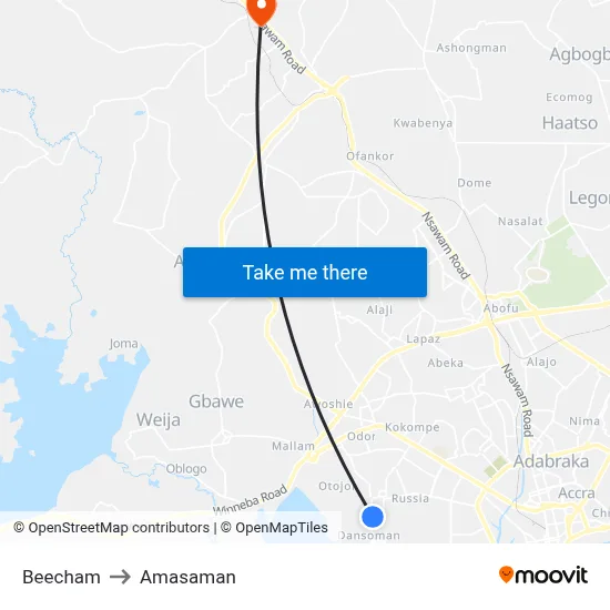 Beecham to Amasaman map