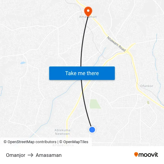 Omanjor to Amasaman map