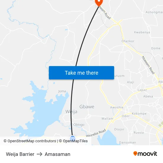 Weija Barrier to Amasaman map