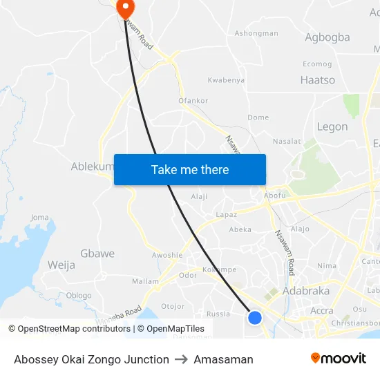 Abossey Okai Zongo Junction to Amasaman map
