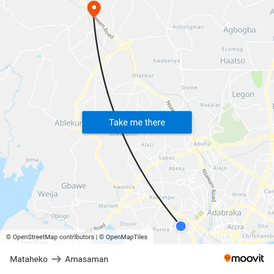 Mataheko to Amasaman map