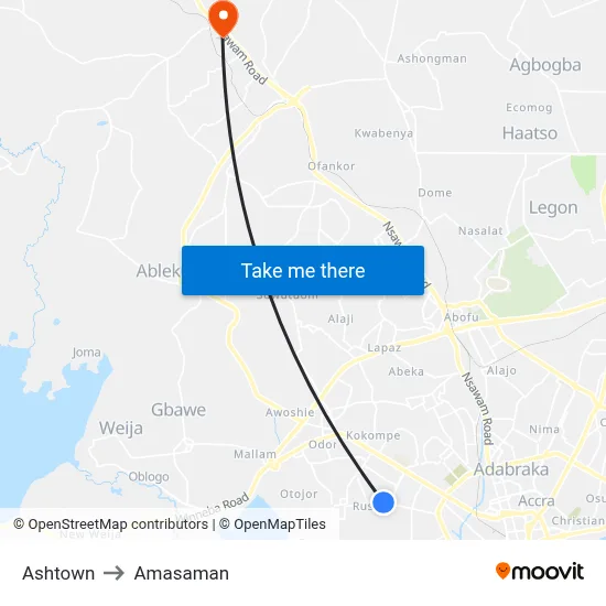Ashtown to Amasaman map