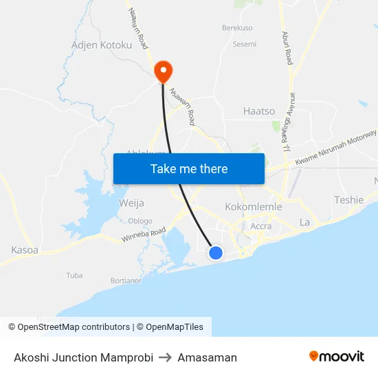 Akoshi Junction Mamprobi to Amasaman map