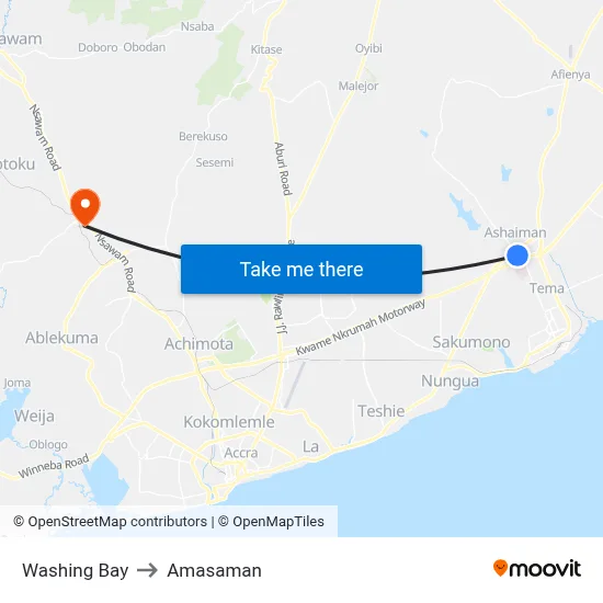 Washing Bay to Amasaman map