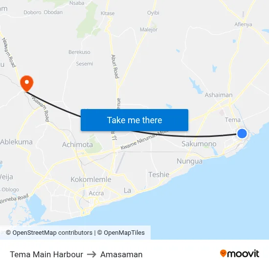 Tema Main Harbour to Amasaman map