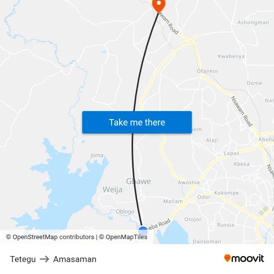 Tetegu to Amasaman map