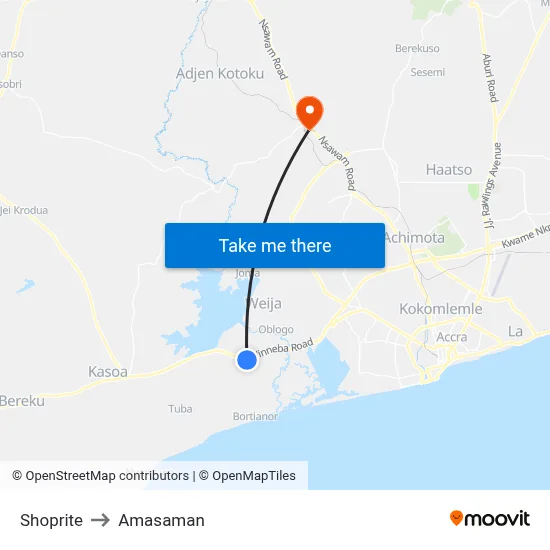 Shoprite to Amasaman map