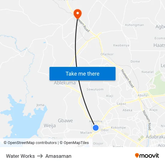 Water Works to Amasaman map