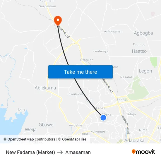 New Fadama (Market) to Amasaman map