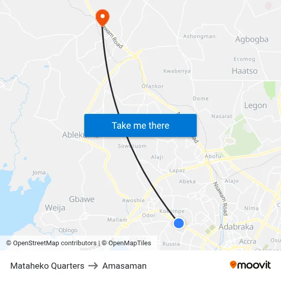 Mataheko Quarters to Amasaman map