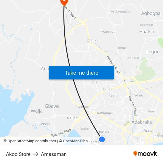 Akoo Store to Amasaman map