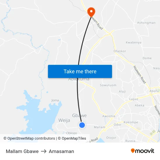 Mallam Gbawe to Amasaman map