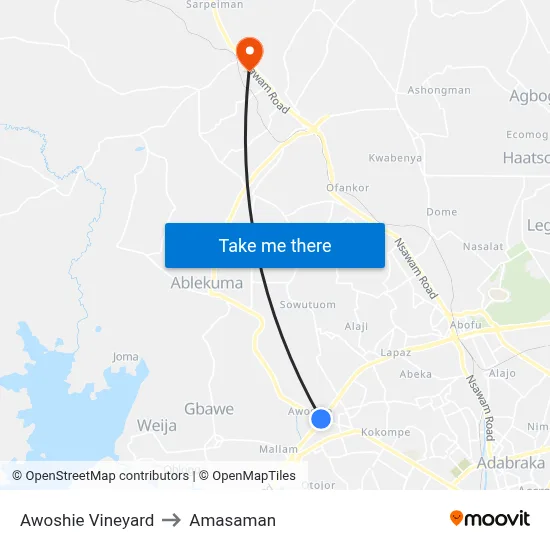 Awoshie Vineyard to Amasaman map