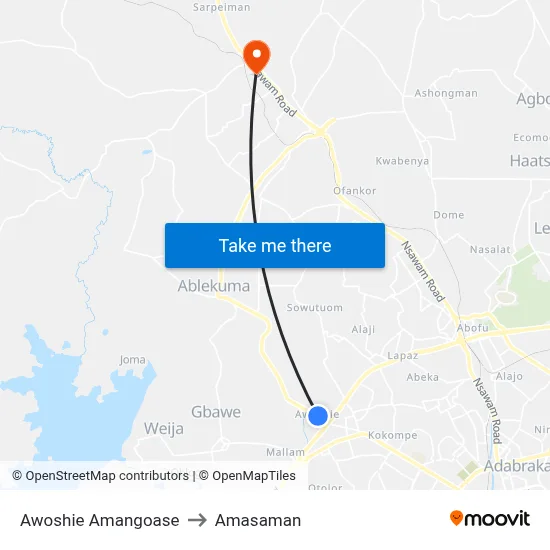Awoshie Amangoase to Amasaman map
