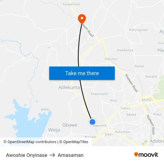Awoshie Onyinase to Amasaman map