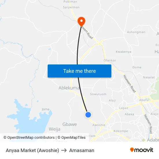 Anyaa Market (Awoshie) to Amasaman map